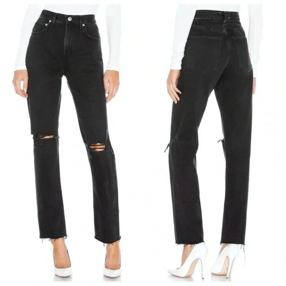 Agolde Denim - AGOLDE Cherie High Rise Straight Jeans in Distortion Black Distressed Size 24